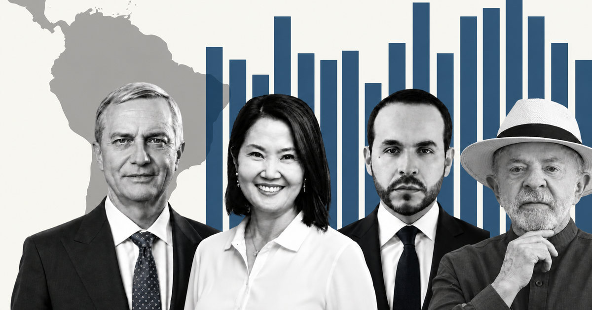 José Antonio Kast, Keiko Fujimori, Abelardo de la Espriella y Lula da Silva sobre un mapa de Sudamérica
